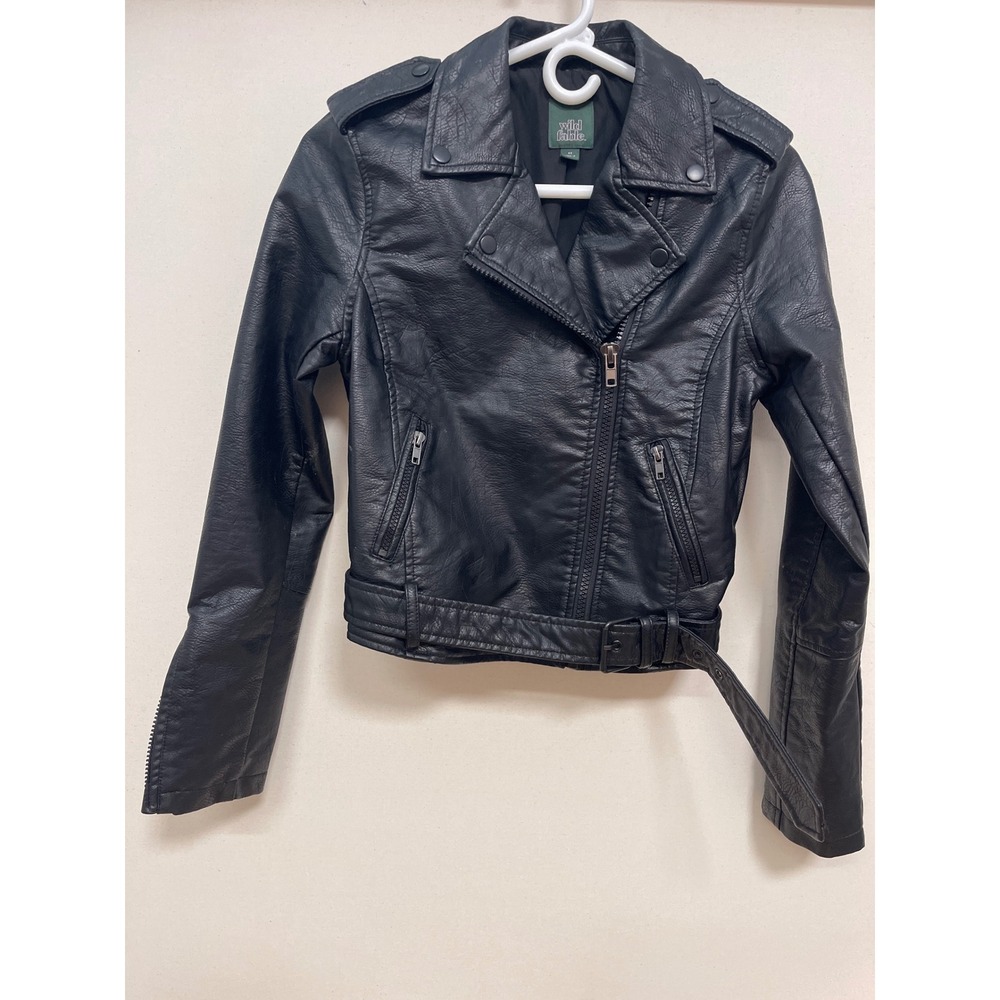 Wild Fable Womens Black Faux Leather Moto Biker Jacket XS Cropped Belted Zip